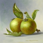 Twee appeltjes, 13 x 12,5 cm, olieverf op paneel. Verkocht